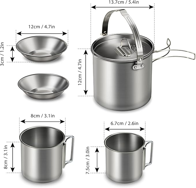 Lixada 5PCS Camping Cookware Set Stainless Steel 1.2L Camping Pot with 2 Cups & 2 Bowls