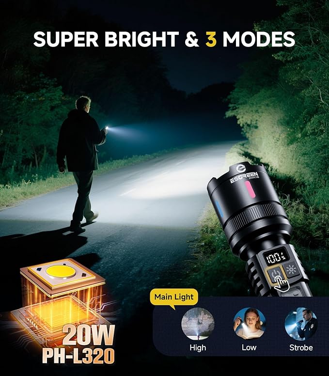 Esgreen LED Rechargeable Flashlights High Lumens 2 Pack, Single Click Bright Flashlight Long