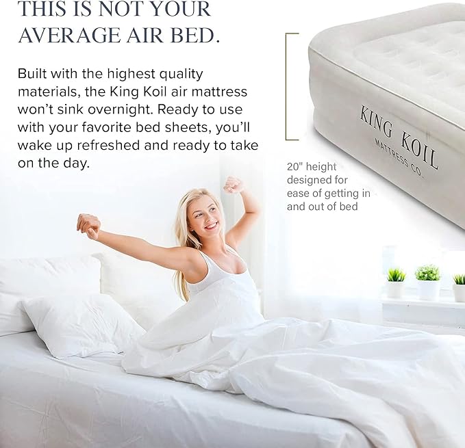 King Koil Plush Pillow Top Twin Air Mattress with Built-in High-Speed Pump for Camping, Home &