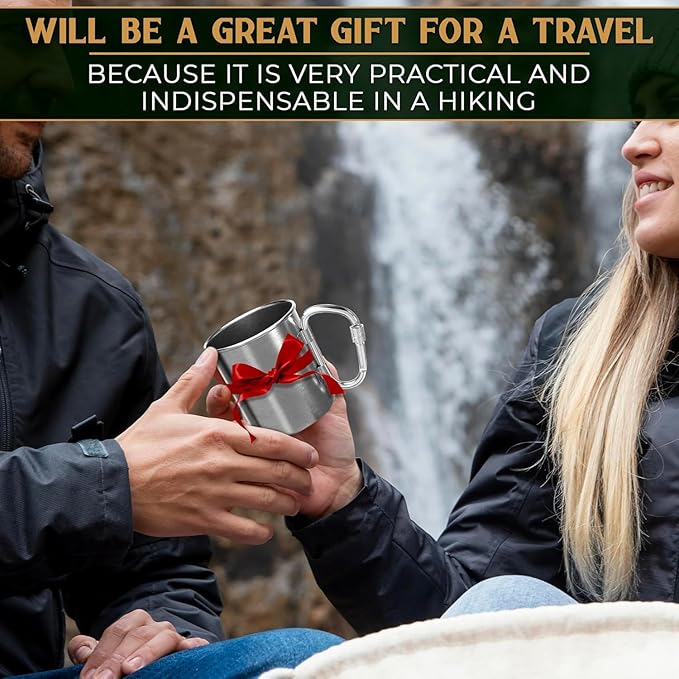 13.5 Oz Stainless Steel Camping Mug with Carabiner - Metal Camping Cup for Traveling, Lightweight