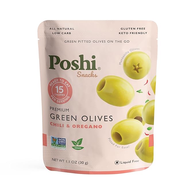 POSHI Green Pitted Olives - Chili & Oregano | Vegan, Kosher, Gluten Free + Keto Friendly, Fresh