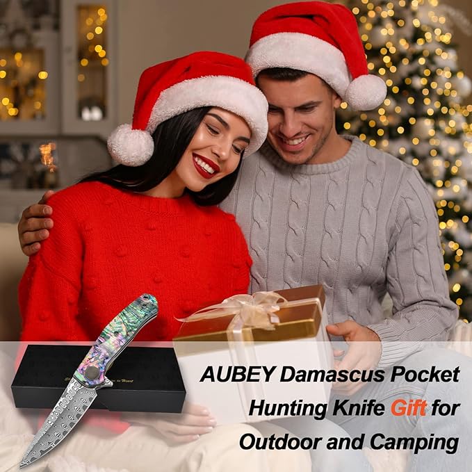 AUBEY Damascus Pocket Knife for Women Men, Sharp 3.23" Damascus Steel Blade Knife with Clip, EDC