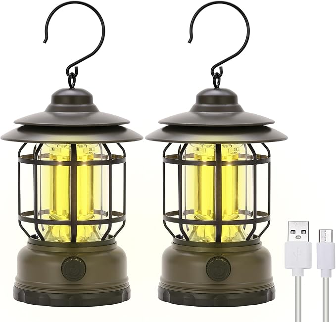 Rechargeable Portable LED Camping Lanterns, Vintage Style Tabletop Lantern, Stepless Dimming