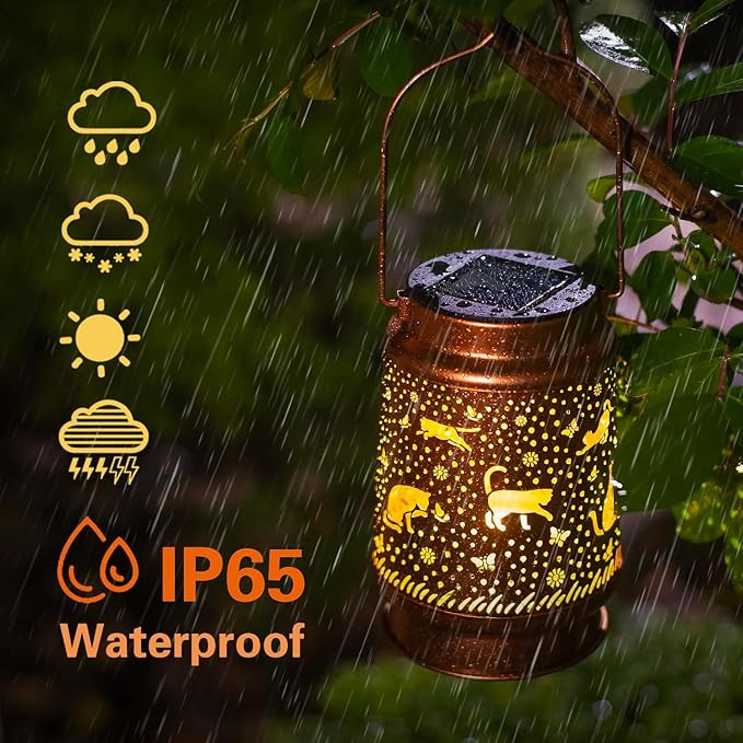 2 Pack Cat Solar Lanterns Outdoor Waterproof Hanging Solar Lights Cat Gifts for Women Men Metal