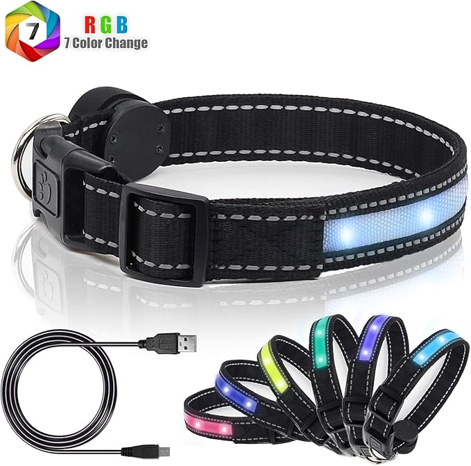 Light Up Dog Collars, Safety LED Dog Collar Rechargeable 7 Colors in One Lighted Dog Collar Glow in