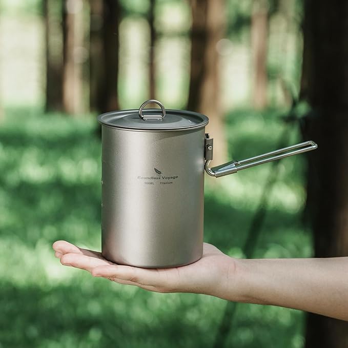 iBasingo 900ml Titanium Camping Cup with Lid Lightweight Portable Camping Pot for Backpacking