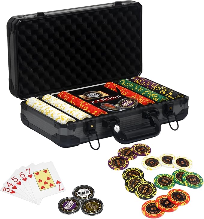 13.5 Gram Clay Poker Chip Set Texas Hold'em Casino Chips 2 Decks of Cards, Aluminum Case Dealer