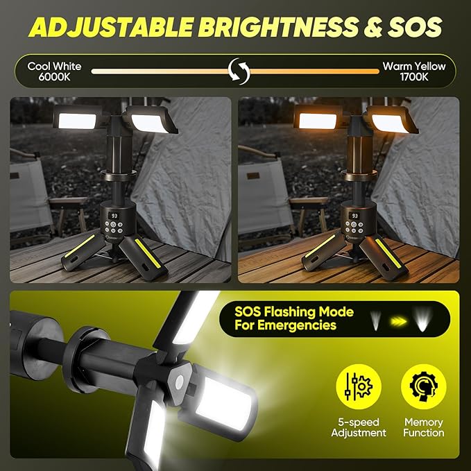 Portable Camping Lights with Stand, 5000LM Rechargeable LED Flashlight, 9 Color Modes, Collapsible