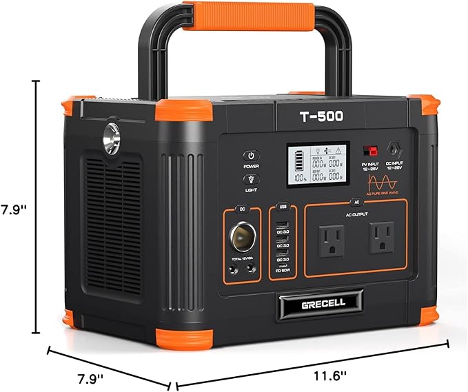 Portable Power Station 500W(Peak 1000W), 519Wh Outdoor Solar Generator Backup Battery Pack with 2