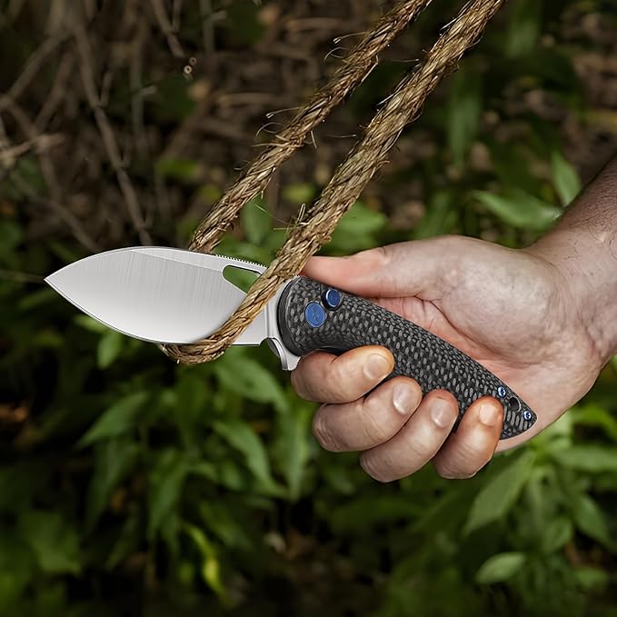Pocket Knife, 3.1" Unique S35VN Blade Folding Knife with Button Lock, EDC Knife with Carbon Fiber