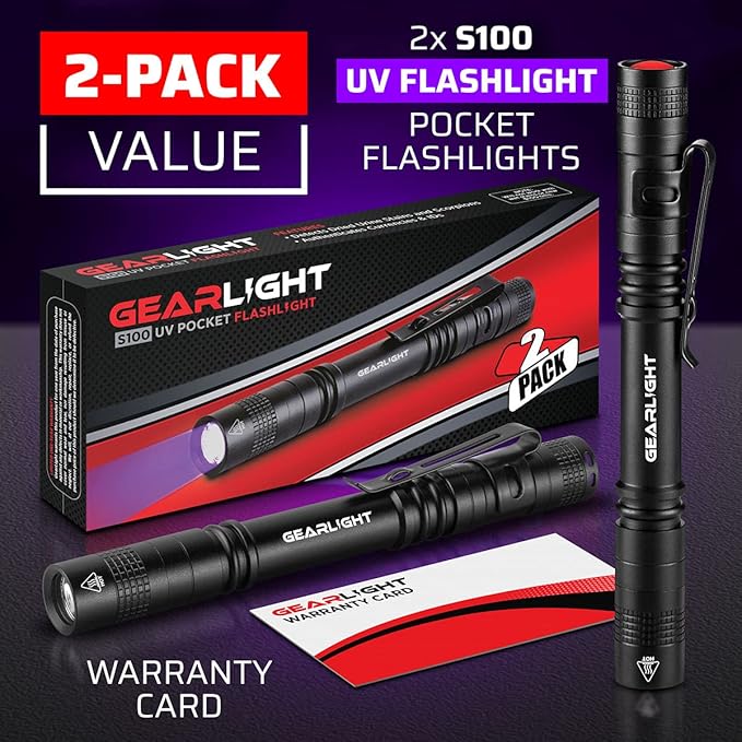 GearLight UV Black Light Flashlight S100 [2 Pack] - Mini Blacklight Ultraviolet Pen Lights for Leak