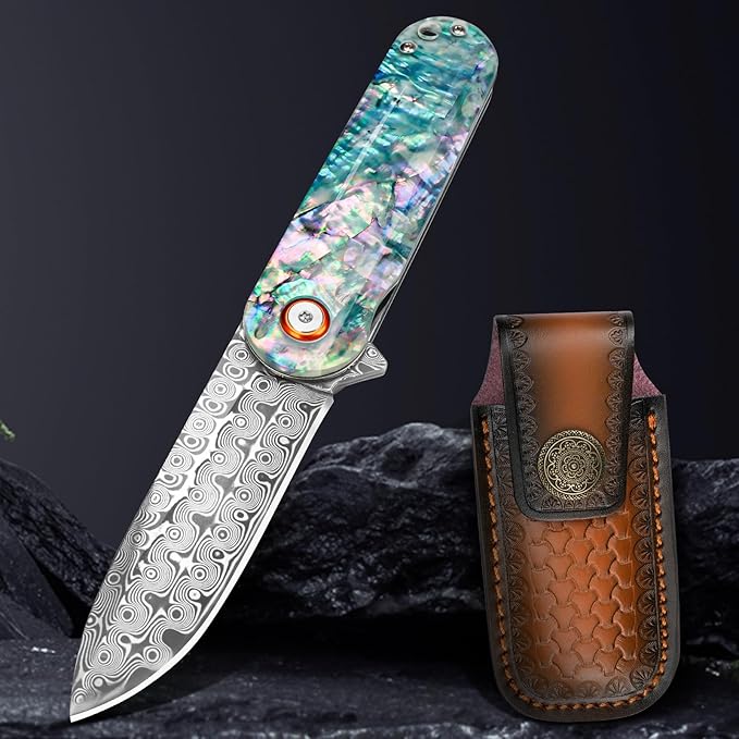 Damascus Pocket Knife with Sheath 2.95" Damascus Steel Blade Folding Knife with Abalone Shell