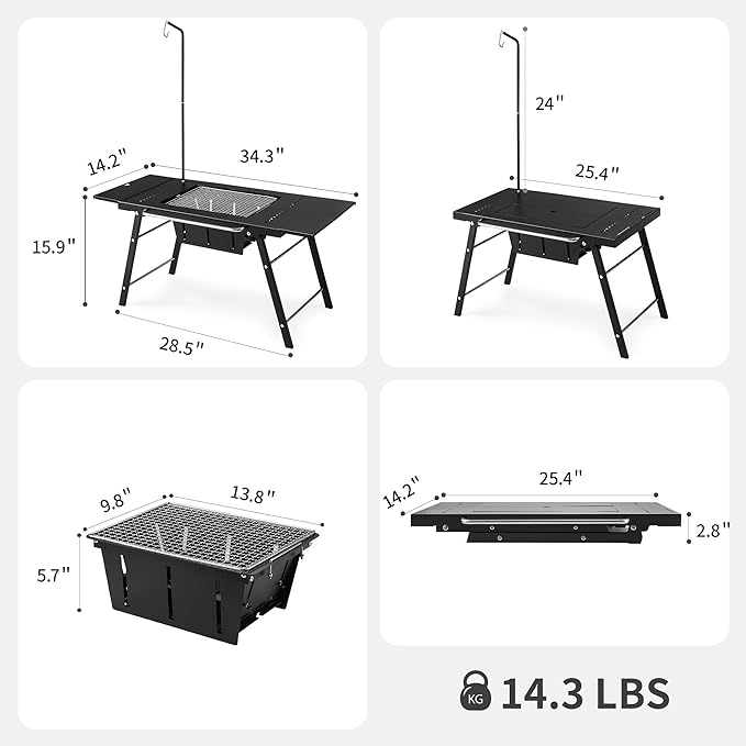 Naturehike Portable IGT Table with Charcoal Grill, Folding Camping Table and BBQ Grill with Desk