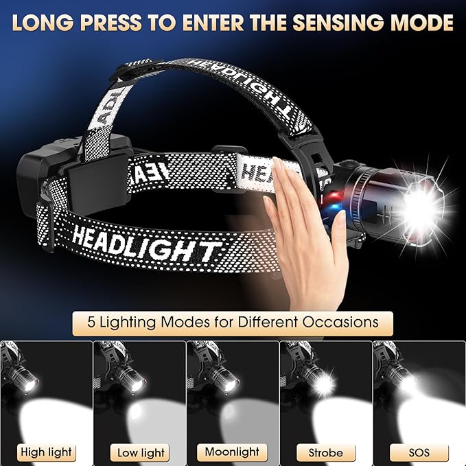 Super Bright LED Headlamp, High Lumen Rechargeable Head Lamp with Motion Sensor, 5 Modes, IPX5