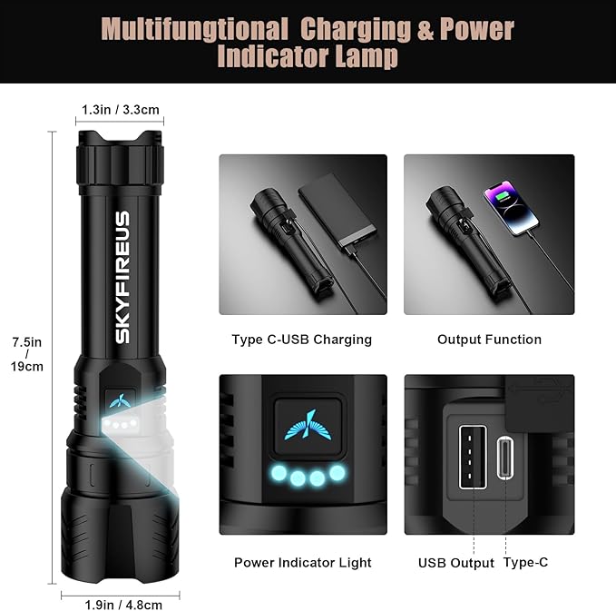 SKYFIRE LED Flashlight High Lumens,2000lm Super Bright Rechargeable Flashlight,Zoomable,Four