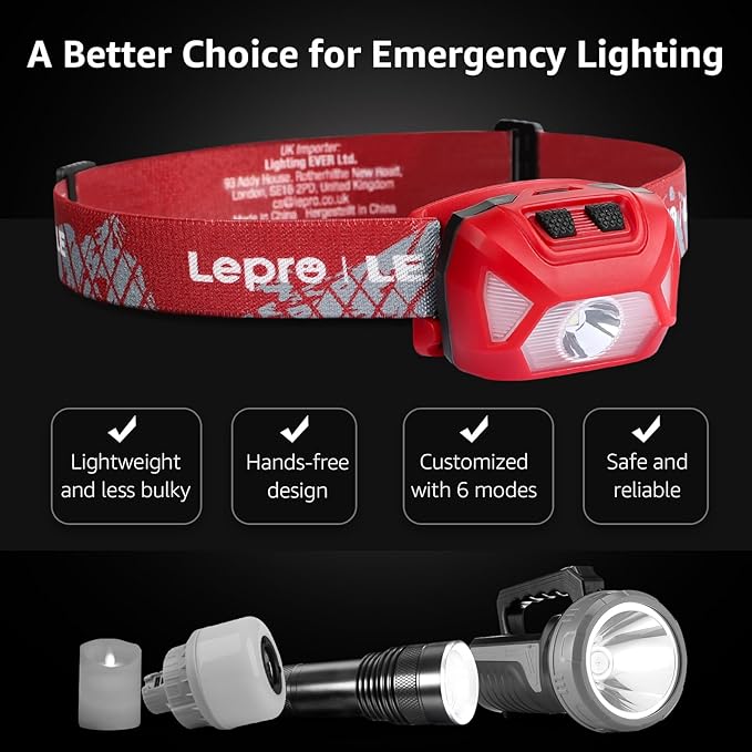 Lepro 320015 Battery Powered Headlamp - 1300Lux Super Bright LED Head Lamp with Red Light, IPX4
