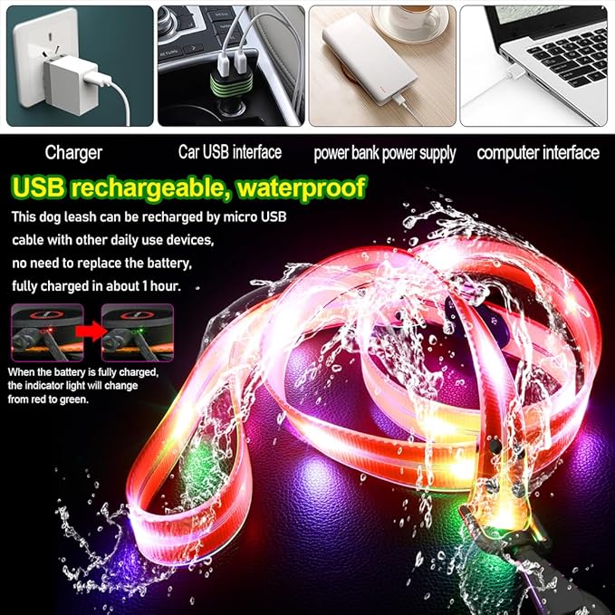 LED Waterproof Pet Dog Leash USB Rechargeable Fashionable Color Glow in The Dark Night Walk Safety