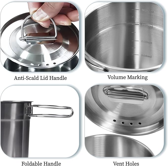 Foldable Camping Cups Mugs Camping Pot Cookware 304-Food-Grade Outdoor Camp Cooking Set with Vented
