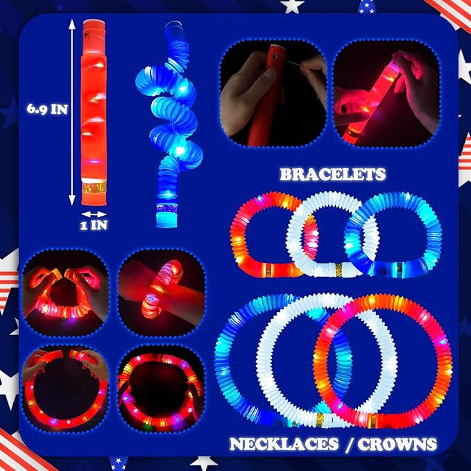 Red White Blue Glow Sticks 12 PCS, American Usa Flag Accessories Light up Bracelets Necklaces for