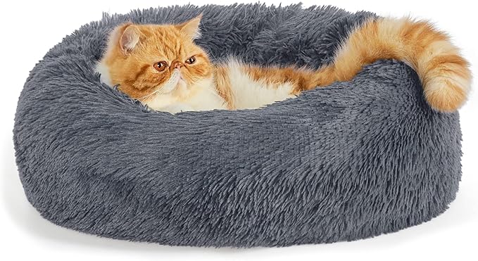 Bedsure Calming Cat Beds for Indoor Cats - Small Cat Bed Washable 20 inches, Anti-Slip Round Fluffy