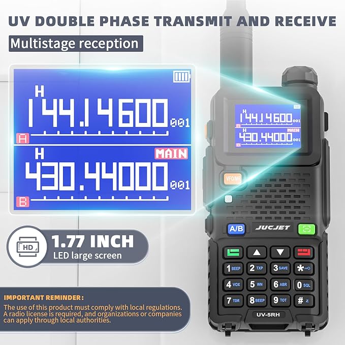 5RH Ham Long Range Radio 10W Radio (Upgraded of UV-5R), 999CH One Key Frequency Match, 2500mAh