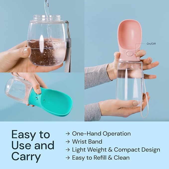 MalsiPree Dog Water Bowl Dispenser - 12 oz, Pink - One-Hand Operation & Dog Water Bottle Portable