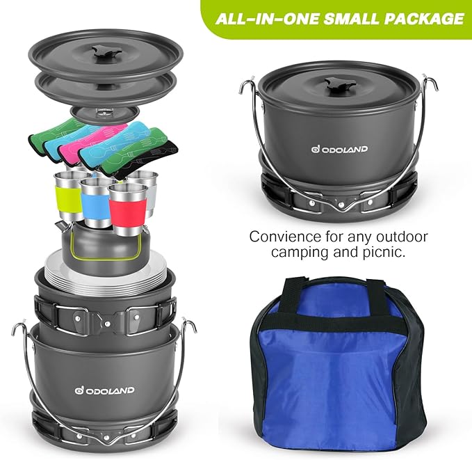 Odoland 39pcs Camping Cookware Mess Kit, Non-Stick Large Size Hanging Pot Pan Kettle with Base