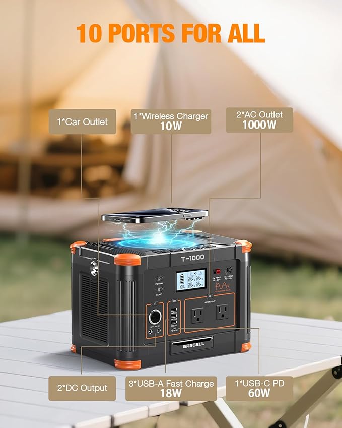 GRECELL 999Wh Solar Generator 1000W, Portable Power Station with 60W USB-C PD Output, 110V Pure