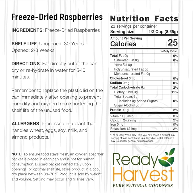 Ready Harvest Freeze Dried Food - Raspberries | Emergency Snacks | Long-Term Storage | #10 Can |