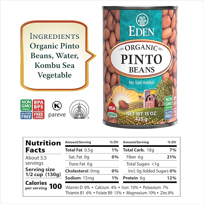 Eden Organic Pinto Beans, 15 oz Can (12-Pack), No Salt Added, Non-GMO, Gluten Free, Vegan, Kosher