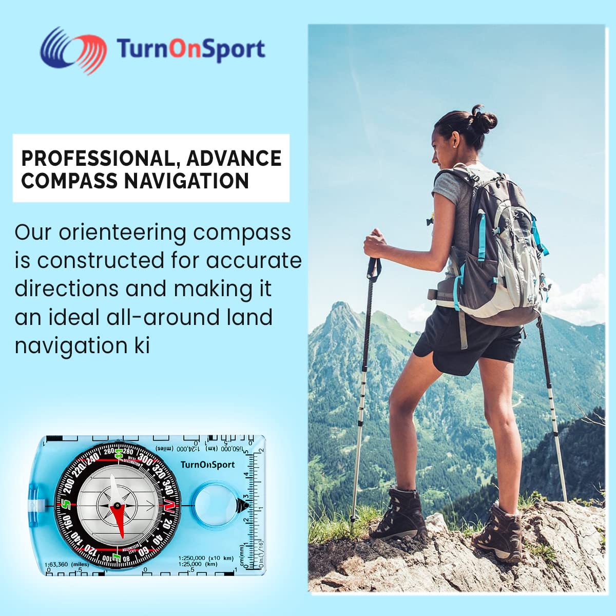 TurnOnSport Orienteering Compass - Blue - product view 6
