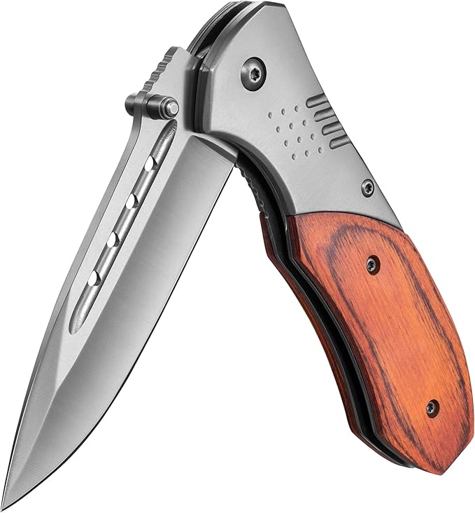 Pocket Knife for Men - Wood Handle Folding Pocket Knives with Clip, Glass Breaker - 3.46" Sharp