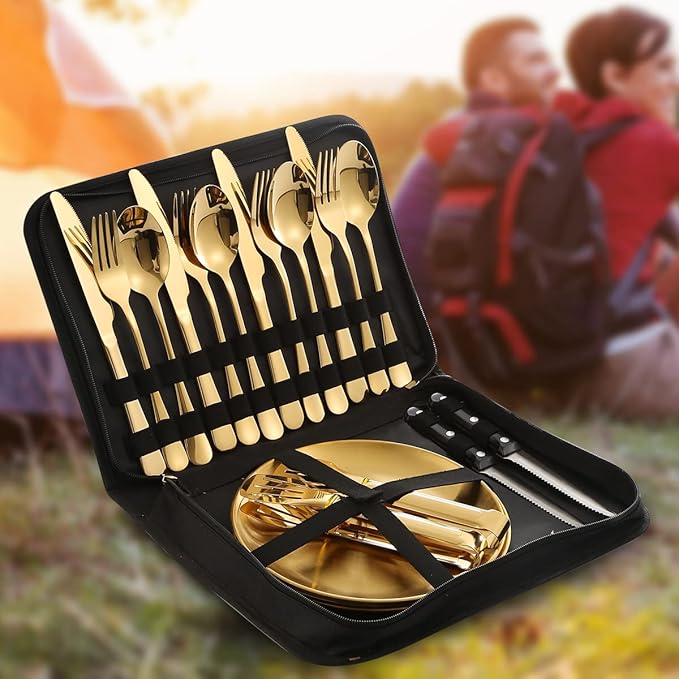 Picnic Dishes Utensils Gold Camping Flatware Set for 4 Portable Tableware Plates Silverware Forks