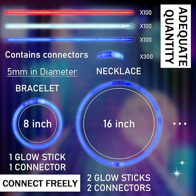 Hanaive 300 Pcs Glow Sticks Bulk 8 Inch Glow in The Dark Party Favors Neon Bracelets and Necklaces
