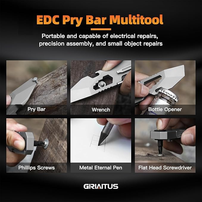 EDC Pry Bar Multitool with Bi-Directional Ratchet Screwdriver & Everlasting Pen, Wrenches, Crowbar