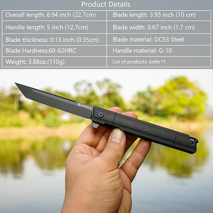 Flipper Pocket Folding Knife,DC53 Steel Blade and G10 Handle. With pocket clip and glass