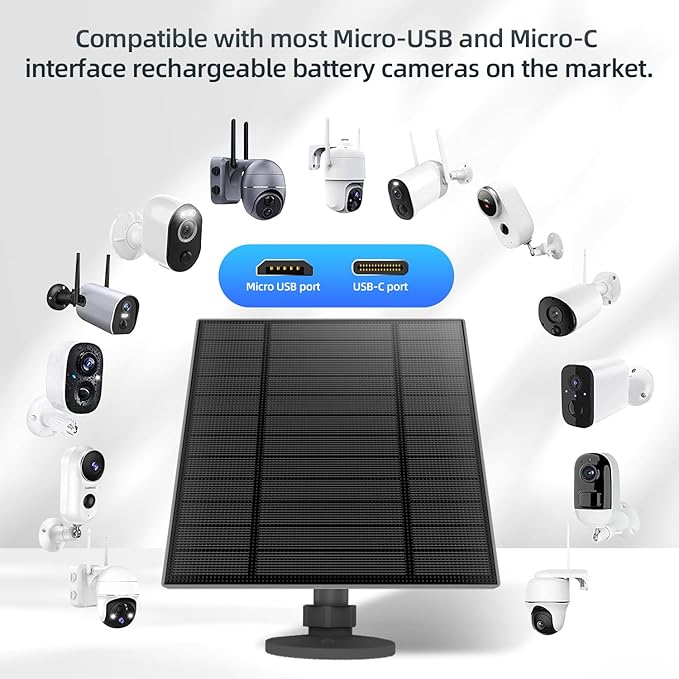 5W Solar Panel for Security Camera, Solar Panel with Micro USB & USB-C Port for DC 5V Outdoor
