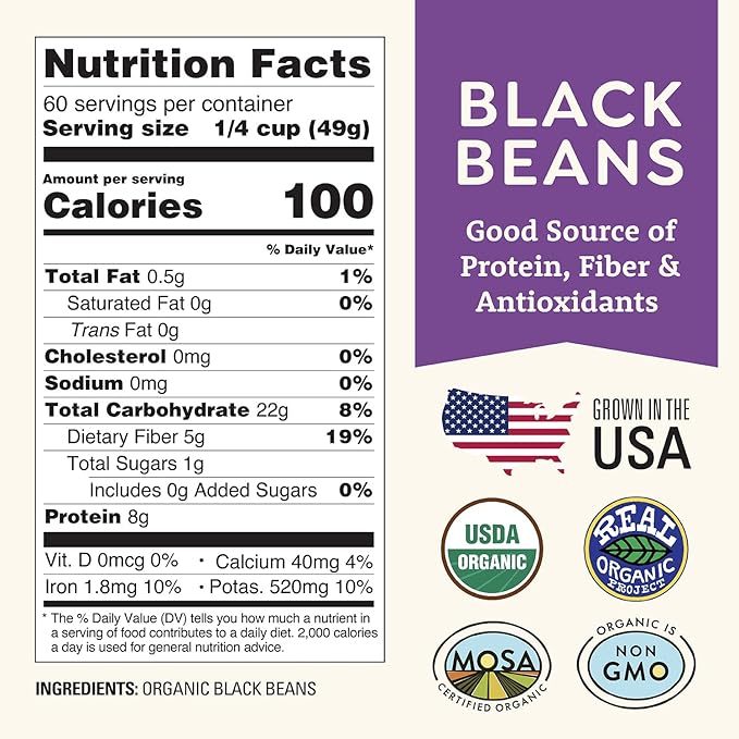 Organic Dried Black Beans 5 lb, Unsalted, Low-Sodium, Non-GMO, Farmed From Regenerative Soil