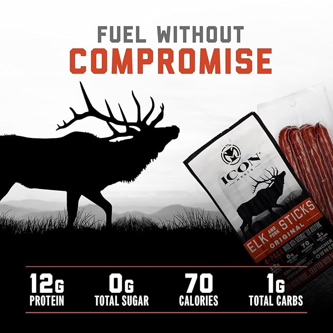 ICON Meats Elk and Pork Snack Sticks - Original Flavor - 6 Packs Per Box, 4 Sticks Per Pack, All