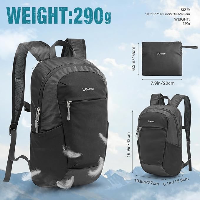 G4Free Packable Hiking Backpack 20L Lightweight Foldable Travel Daypack with Thickened Back Panel