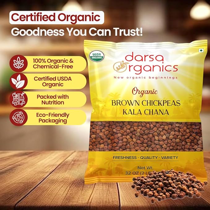 Darsa Organics Kala Chana 2 lb | Brown Chickpeas, Black Gram Lentils | USDA Organic, Non-GMO | Rich