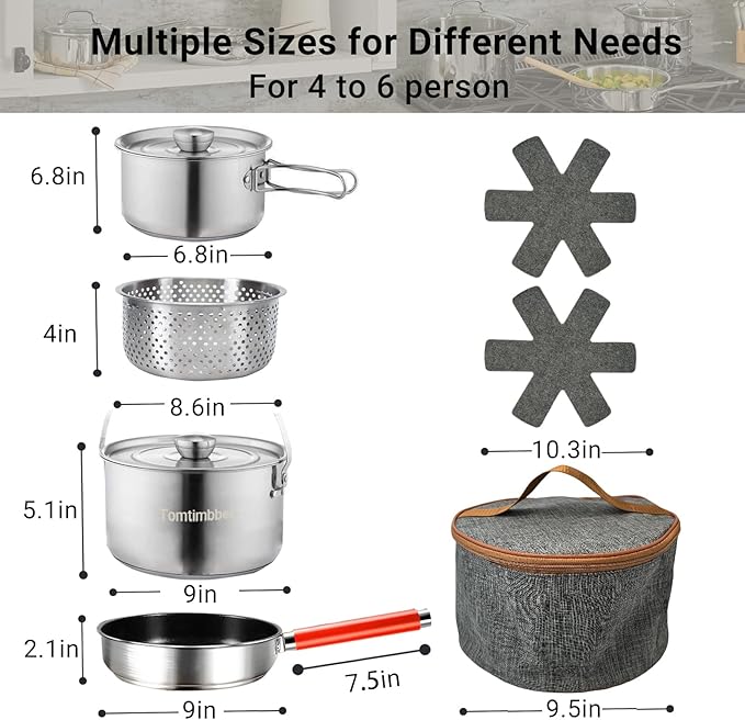 Camping Cookware Set 304 Stainless Steel Cooking Pots Pan Set with Travel Tote Bag For Camping