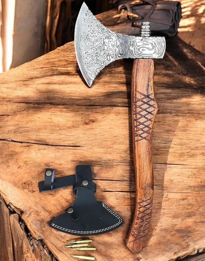 AX-7000 Custom Gift Forged Damascus Steel Vintage Axe with Rose Wood Shaft, Viking Bearded Camping