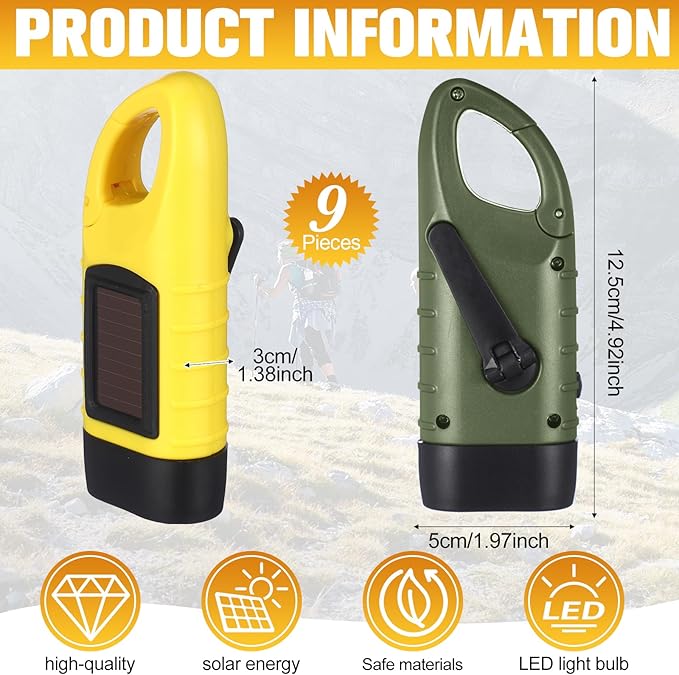 Leelosp 9 Pieces Hand Crank Flashlight Solar Powered Flashlight for Emergencies Dynamo Rechargeable