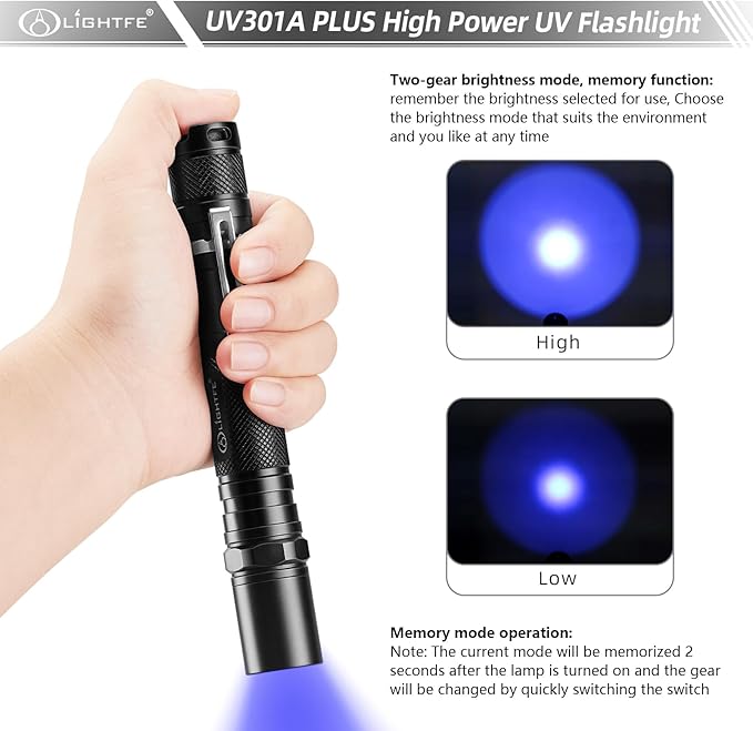 LIGHTFE Blacklight 395nm UV Flashlight UV301A-Plus with SSC UV LED, Pure Beam for UV Glue Curing