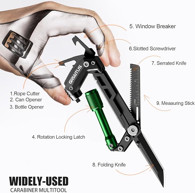 Carabiner Multitool with Pocket Knives, EDC Carabiners, Serrated Knife, Rope Cutter, Screwdriver