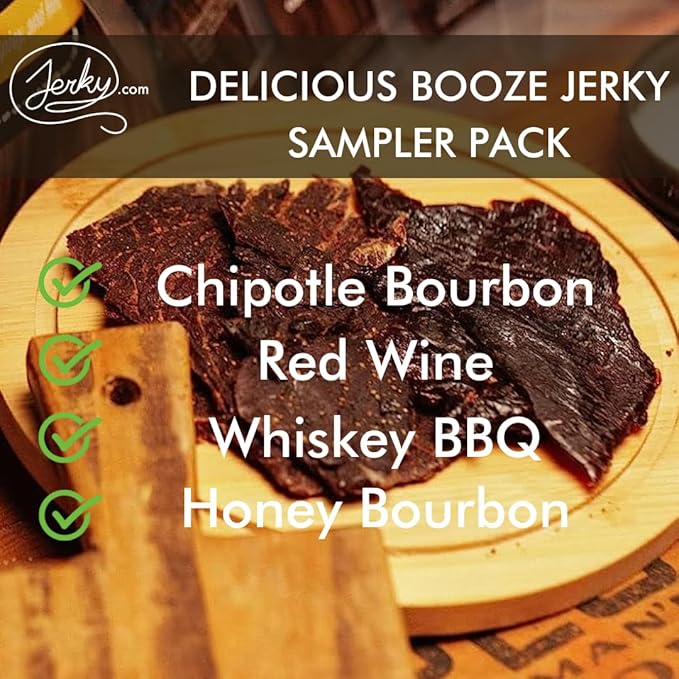 Jerky.com Booze Jerky Sampler - Featuring Chipotle Bourbon, Red Wine, Whiskey BBQ, Honey Bourbon