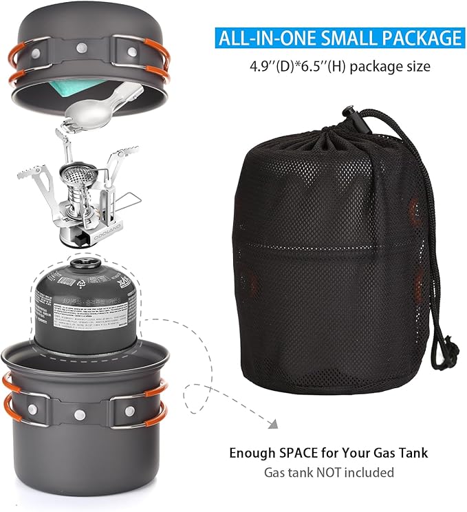 Odoland 6pcs Camping Cookware Mess Kit with Lightweight Pot, Stove, Spork and Carry Mesh Bag, Great