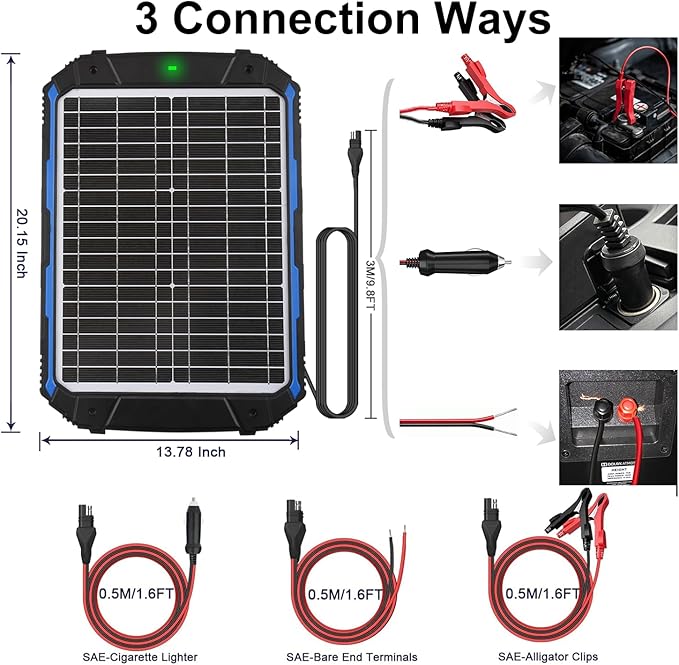 SUNER POWER 20W 12V Solar Battery Trickle Charger & Maintainer PRO, Built-in Intelligent MPPT