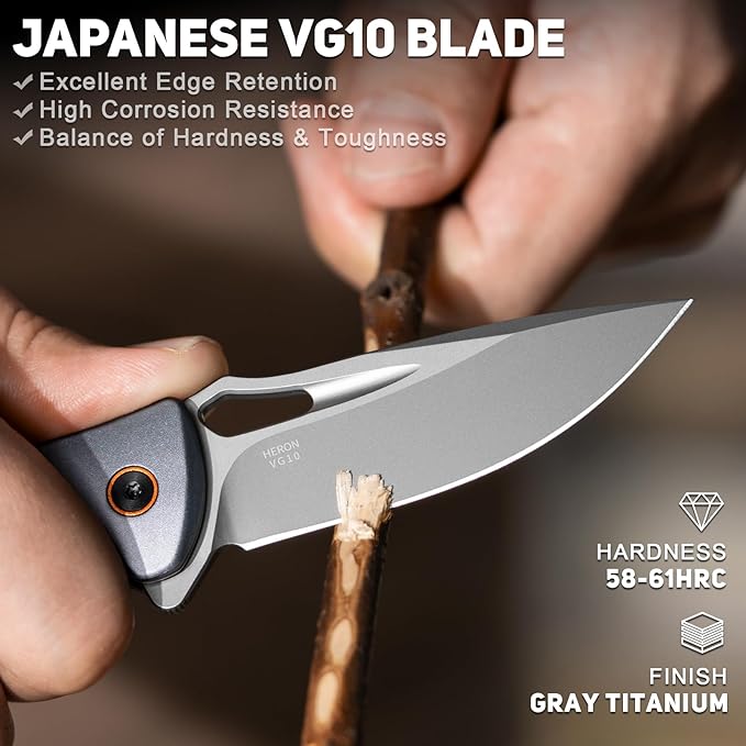 NedFoss Heron EDC Pocket Knife, 2.95" Japanese VG10 Steel Blade Button Lock Knife with Lightweight